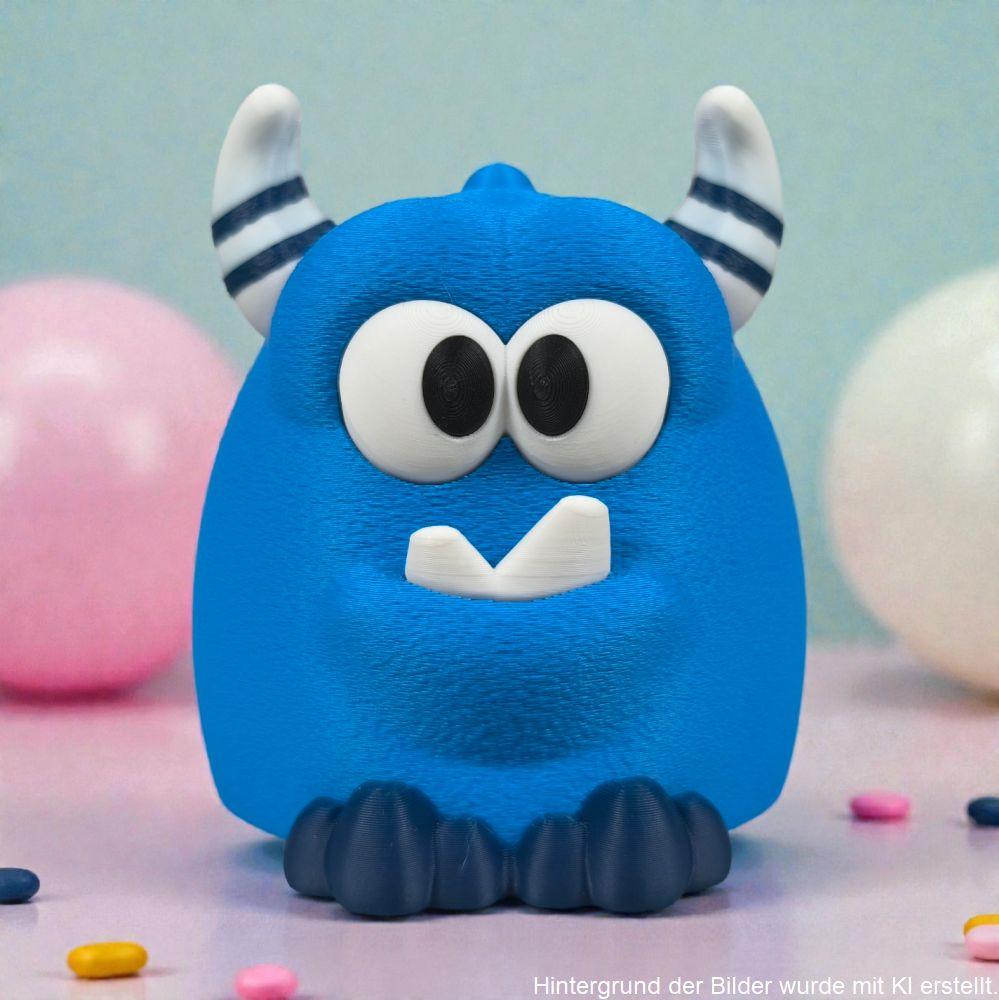 3D-gedrucktes Mutmachmonster mit großen Augen, kleinen Hörnern und freundlichem Gesicht